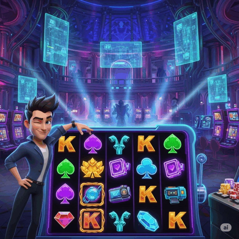 Slot dengan animasi karakter yang berinteraksi dengan pemain
