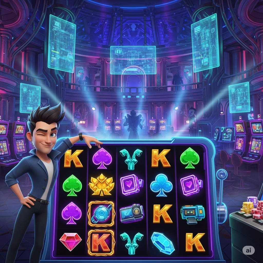 Slot dengan animasi karakter yang berinteraksi dengan pemain